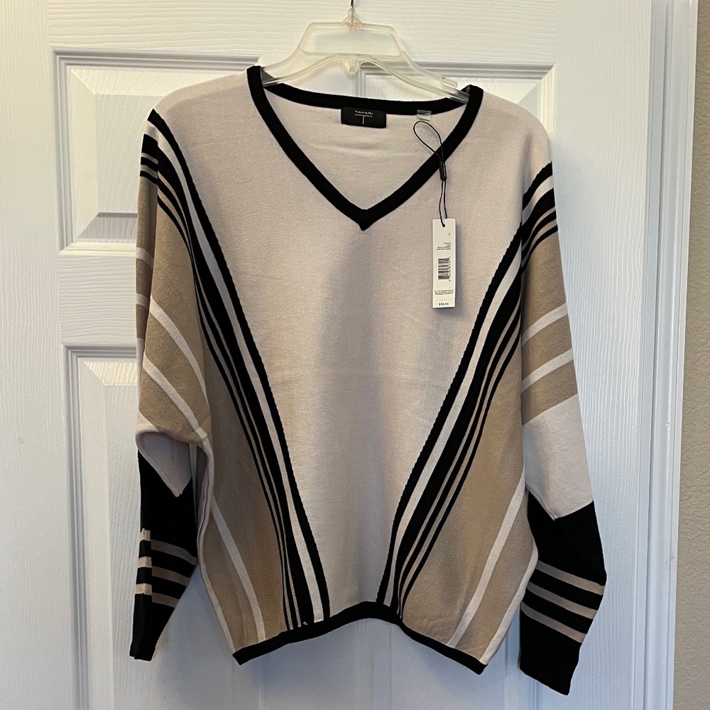 NWT Tahari V-Neck Geometric Striped Dolman Sleeve Sweater, Large